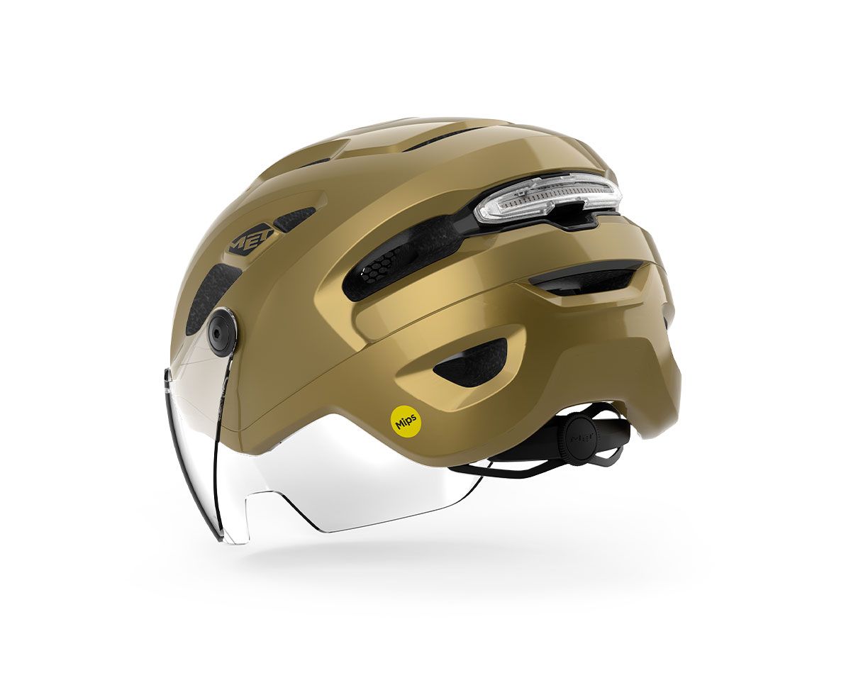 MET Intercity Mips is an E-Bike Urban Helmet with adjustable shield and magnetic light featuring Mips.