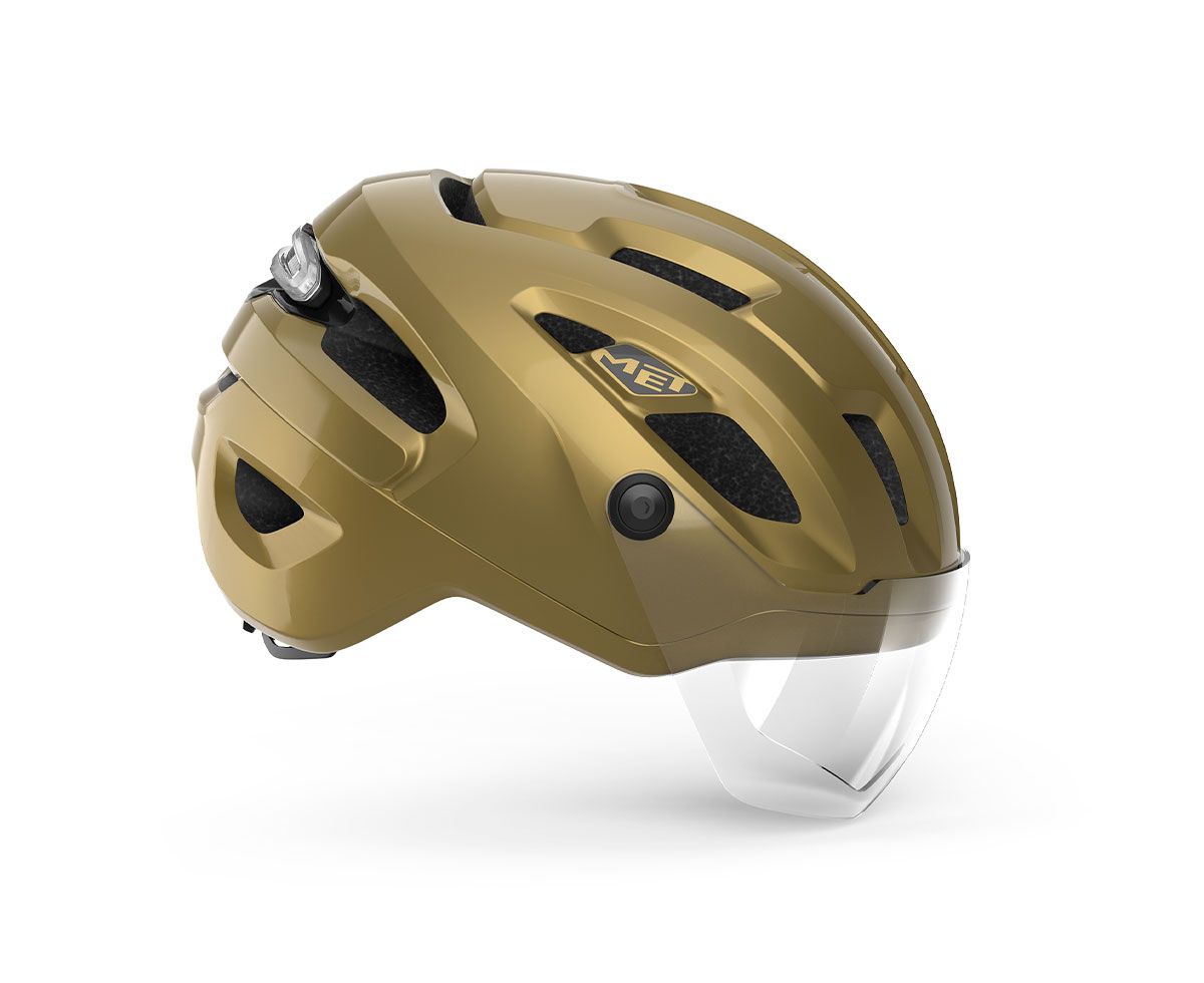 MET Intercity Mips is an E-Bike Urban Helmet with adjustable shield and magnetic light featuring Mips.